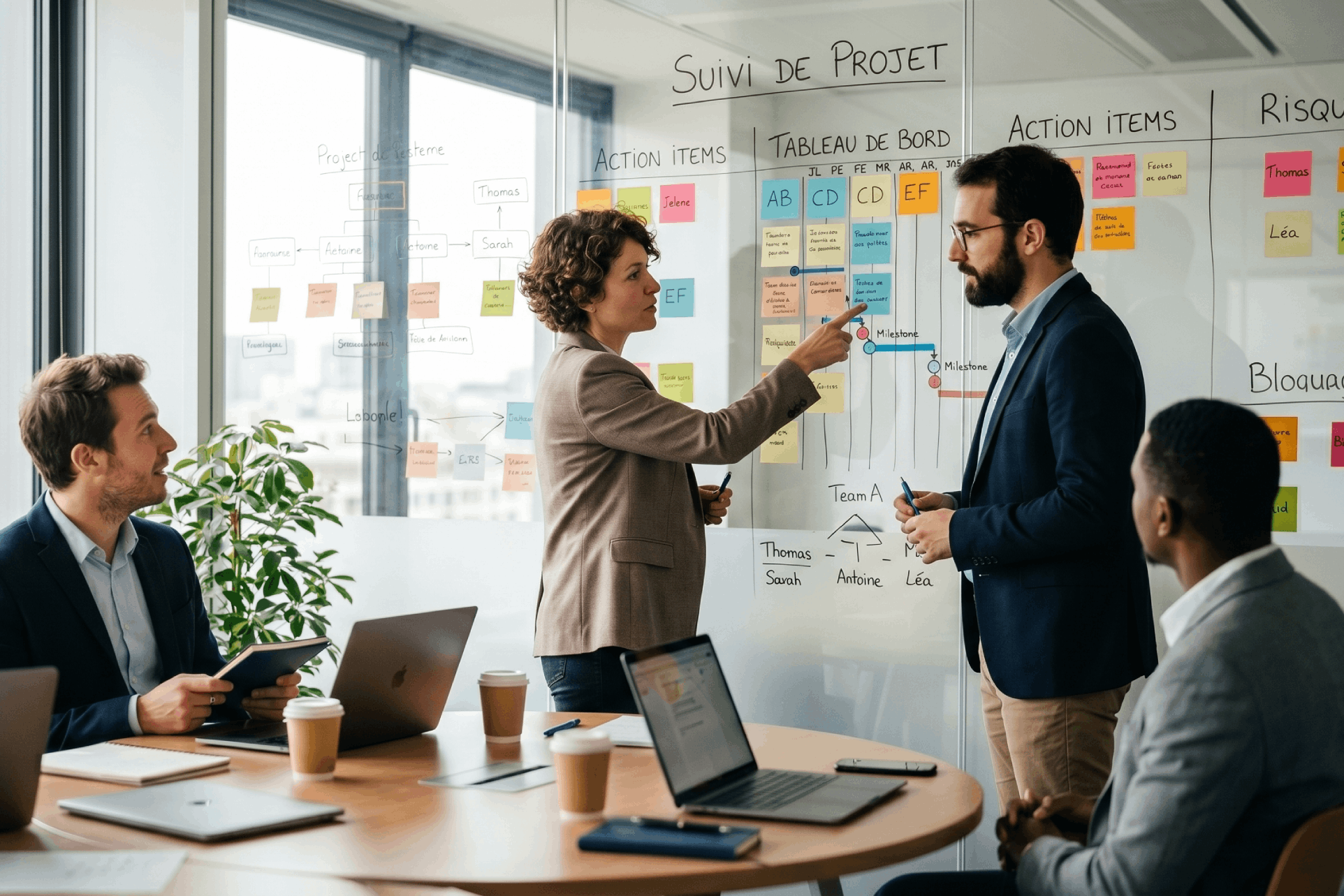 Professionnels travaillant ensemble autour d’un plan d’action en ESSMS